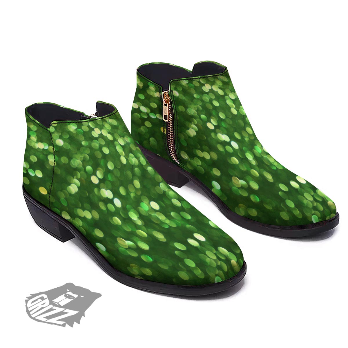 Green Glitter Artwork Shamrock Print Pattern Ankle Boots-grizzshop