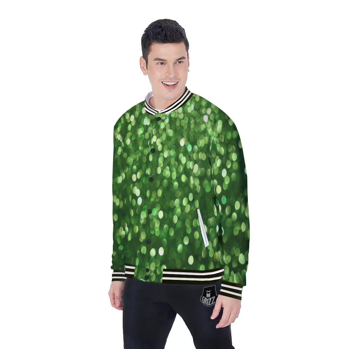 Green Glitter Artwork Shamrock Print Pattern Baseball Jacket-grizzshop
