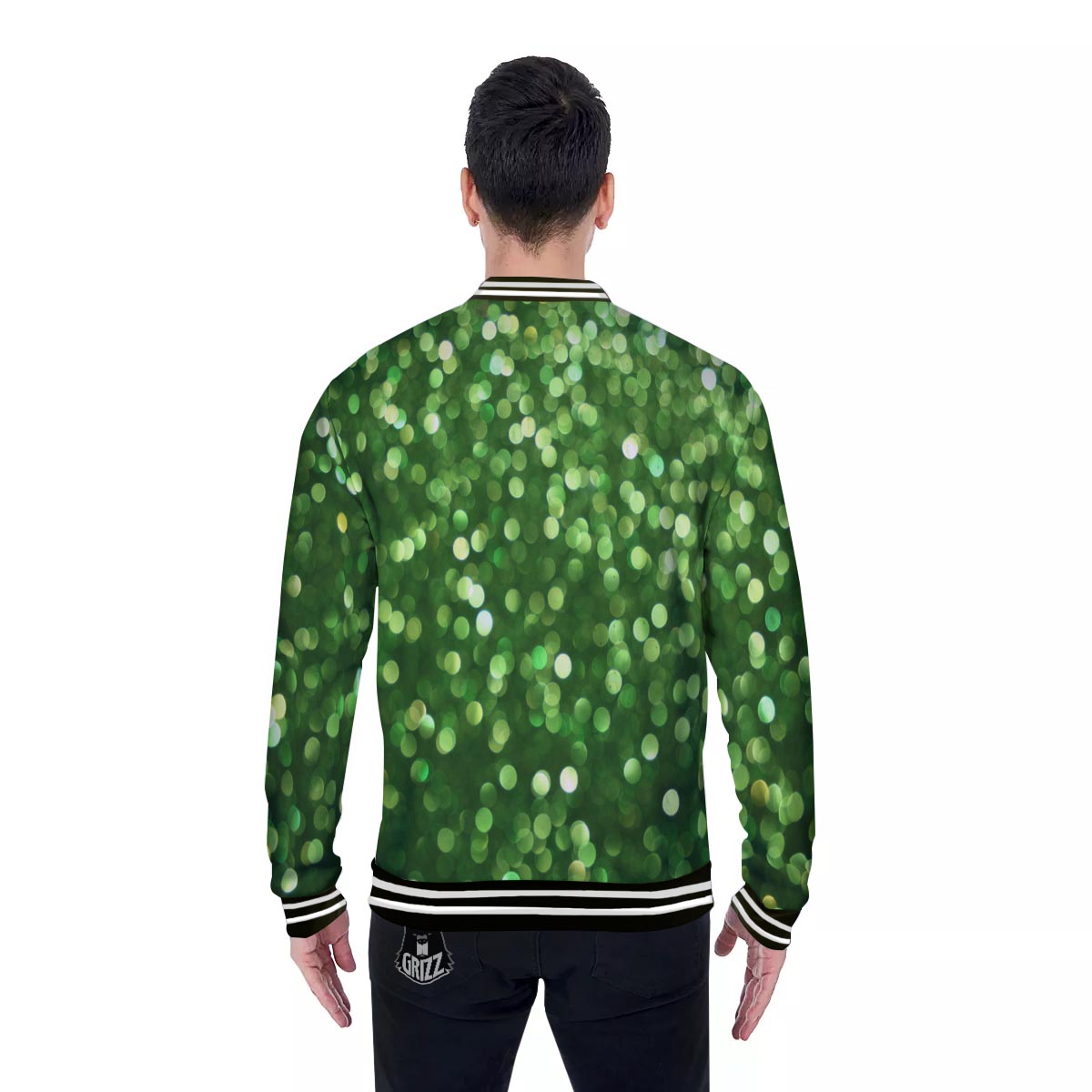 Green Glitter Artwork Shamrock Print Pattern Baseball Jacket-grizzshop