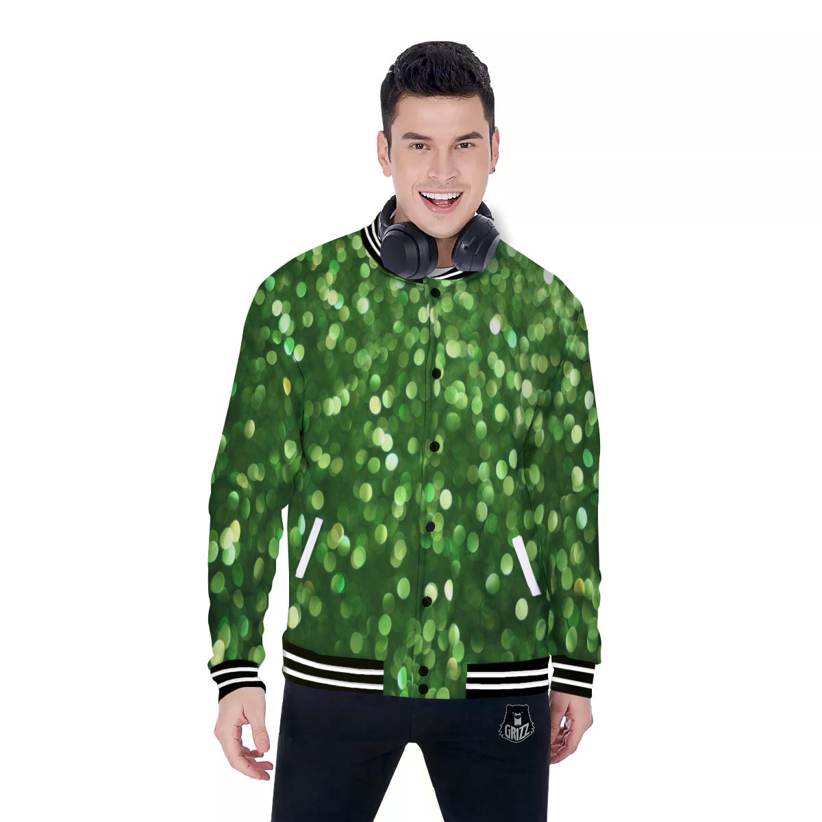 Green Glitter Artwork Shamrock Print Pattern Baseball Jacket-grizzshop
