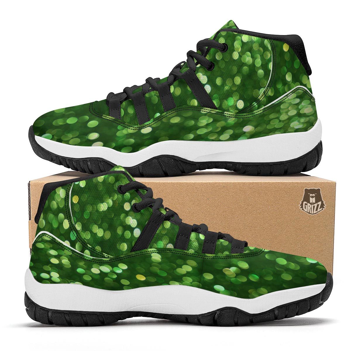 Green Glitter Artwork Shamrock Print Pattern Black Bball Shoes-grizzshop