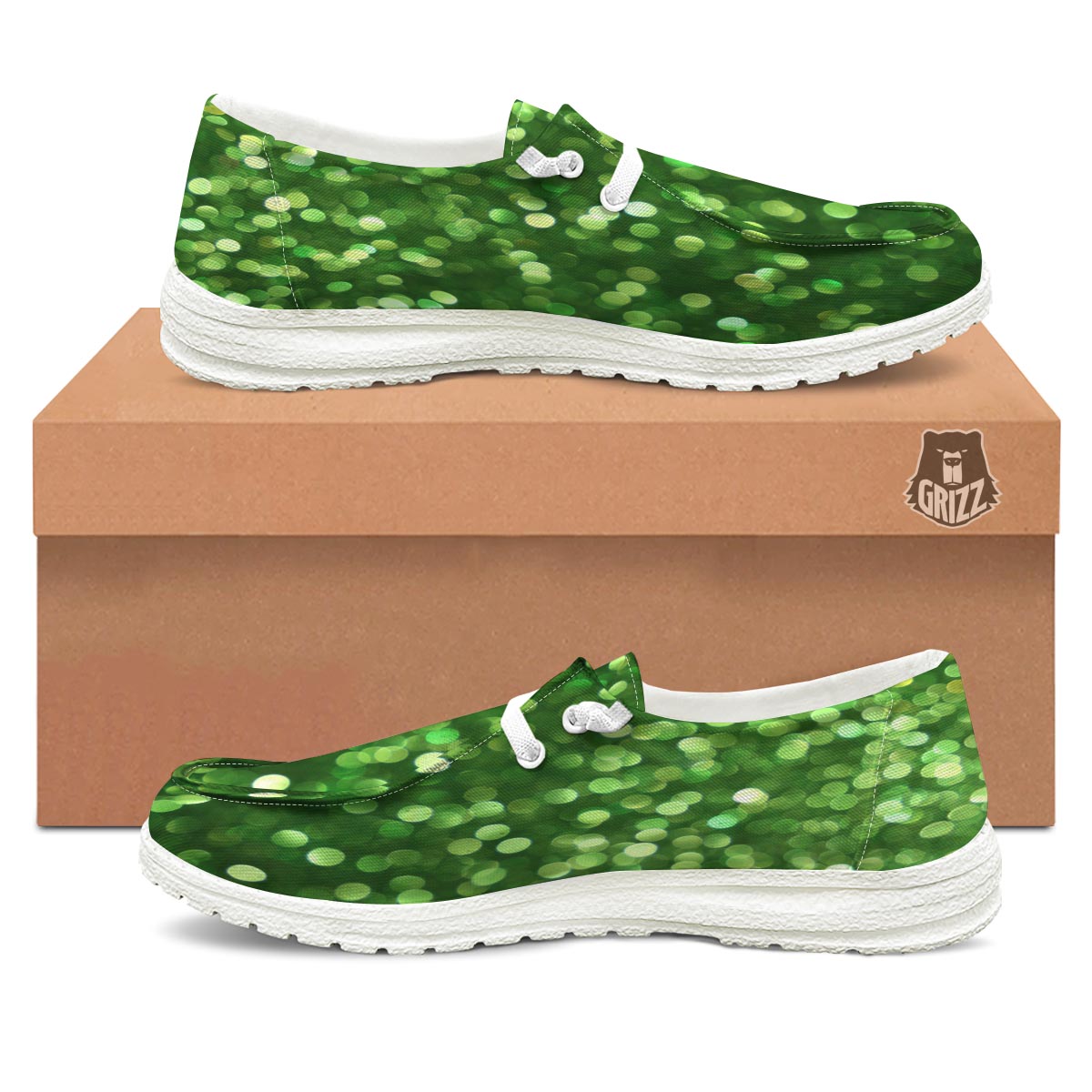 Green Glitter Artwork Shamrock Print Pattern Black Loafers-grizzshop