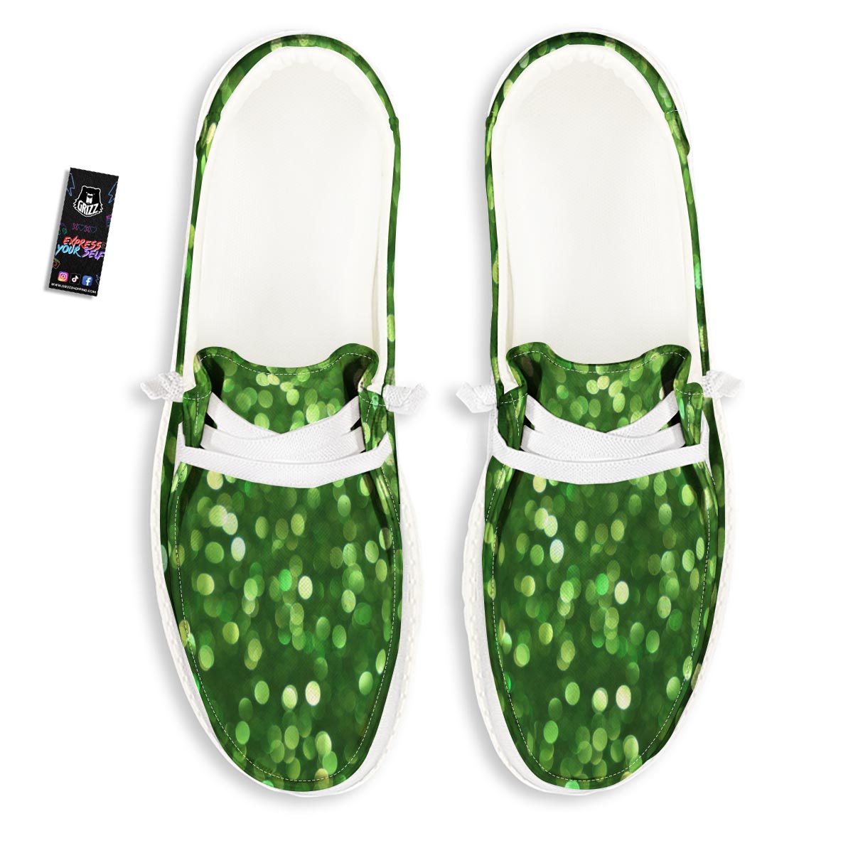 Green Glitter Artwork Shamrock Print Pattern Black Loafers-grizzshop