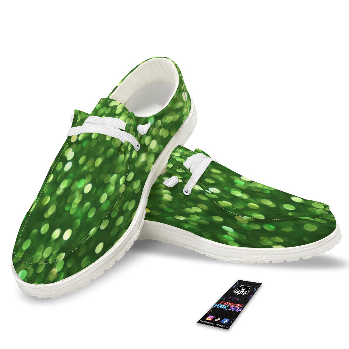 Green Glitter Artwork Shamrock Print Pattern Black Loafers-grizzshop