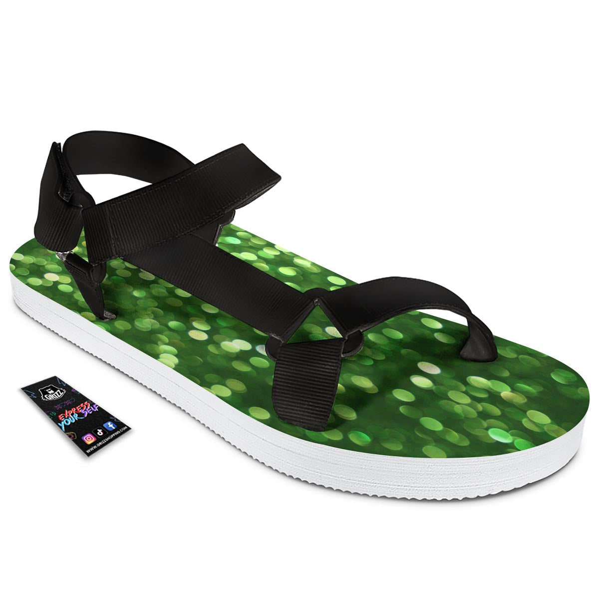 Green Glitter Artwork Shamrock Print Pattern Black Open Toe Sandals-grizzshop