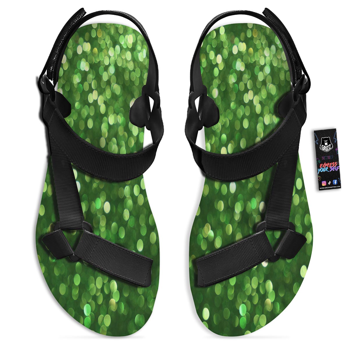 Green Glitter Artwork Shamrock Print Pattern Black Open Toe Sandals-grizzshop