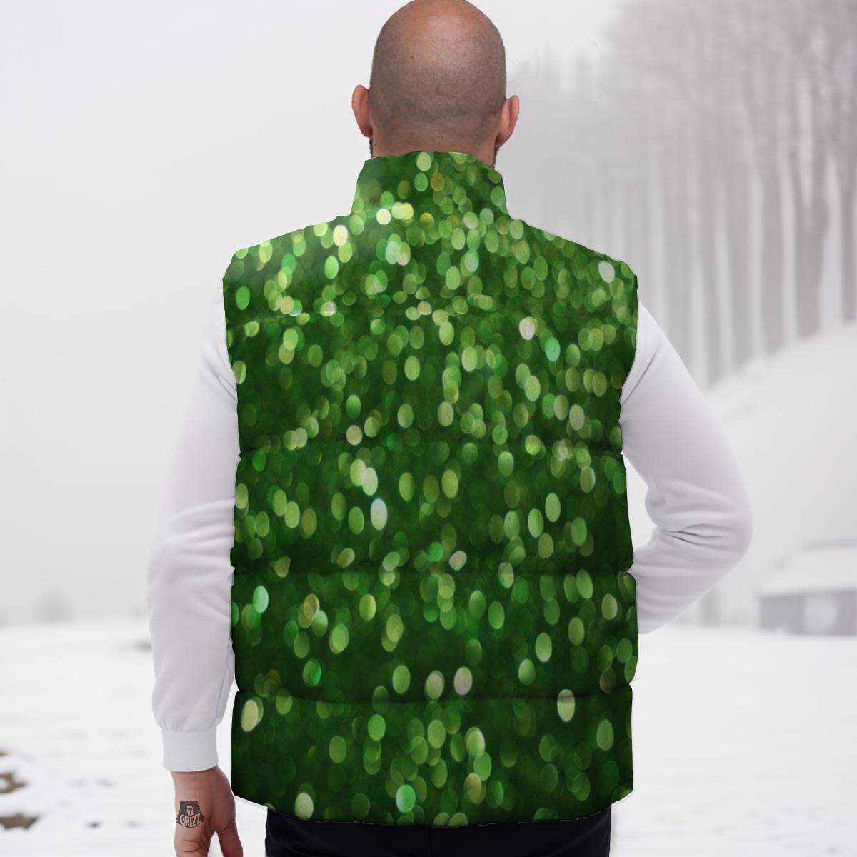 Green Glitter Artwork Shamrock Print Pattern Down Vest