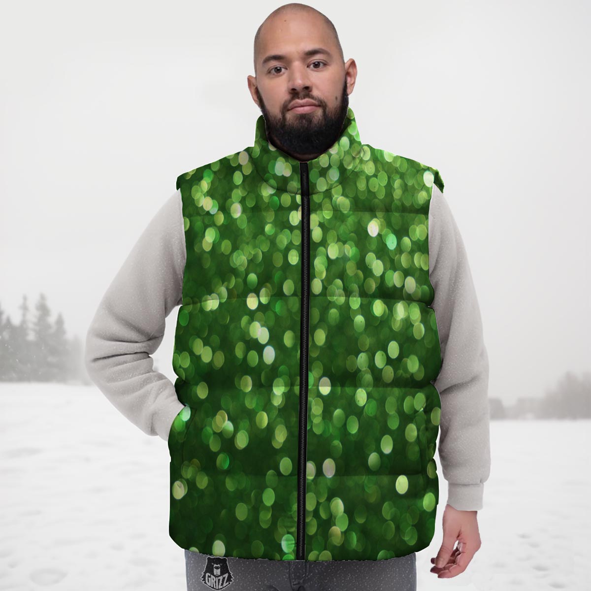 Green Glitter Artwork Shamrock Print Pattern Down Vest