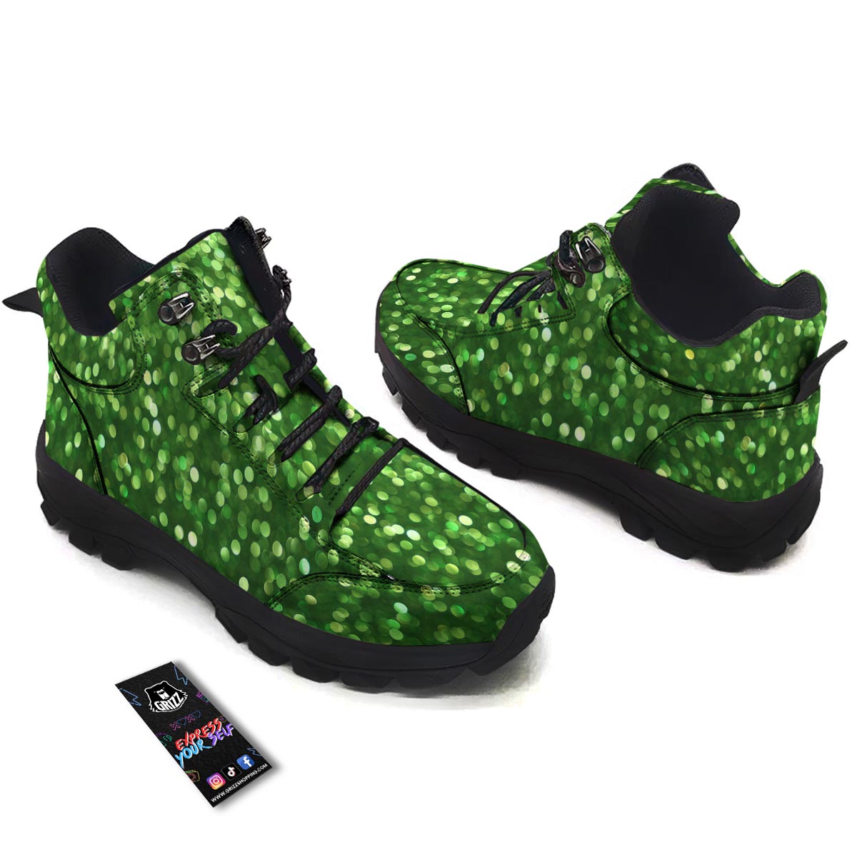Green Glitter Artwork Shamrock Print Pattern Hiking Shoes-grizzshop