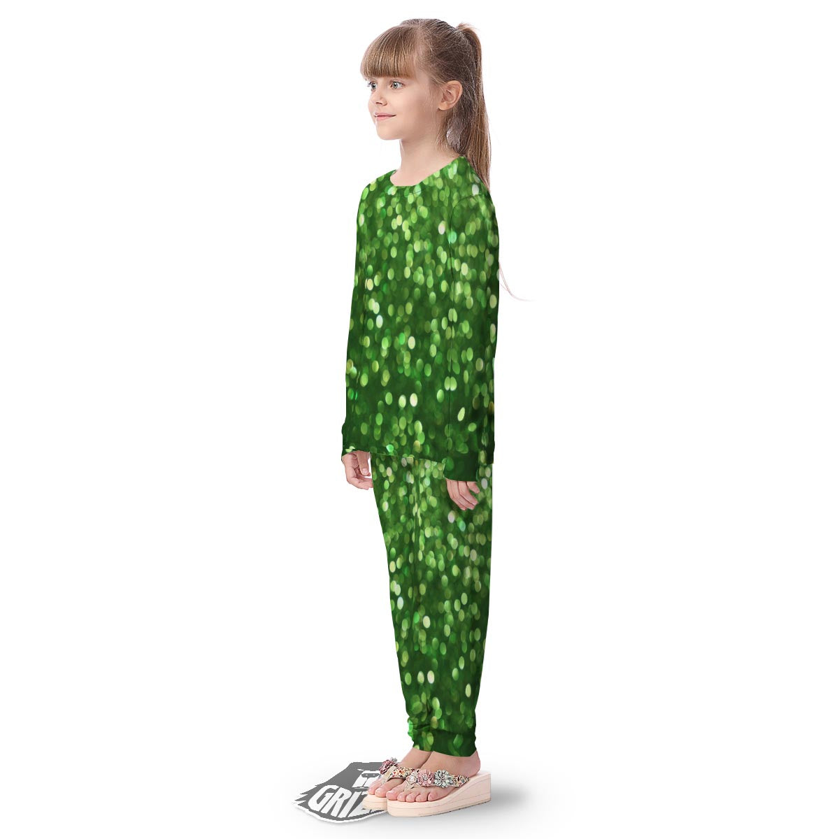 Green Glitter Artwork Shamrock Print Pattern Kid's Pajamas-grizzshop