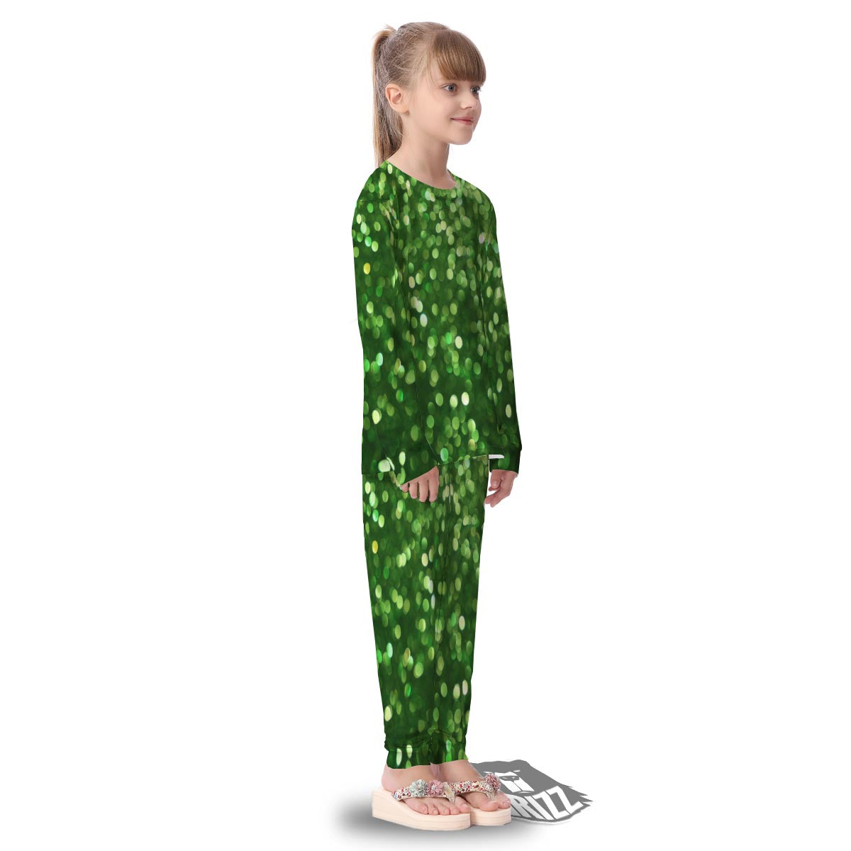 Green Glitter Artwork Shamrock Print Pattern Kid's Pajamas-grizzshop