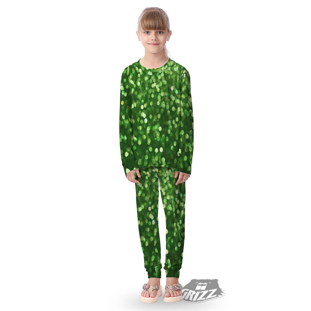 Green Glitter Artwork Shamrock Print Pattern Kid's Pajamas-grizzshop