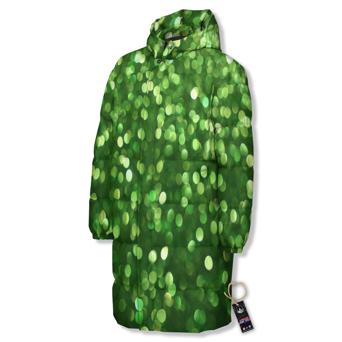 Green Glitter Artwork Shamrock Print Pattern Long Down Jacket-grizzshop