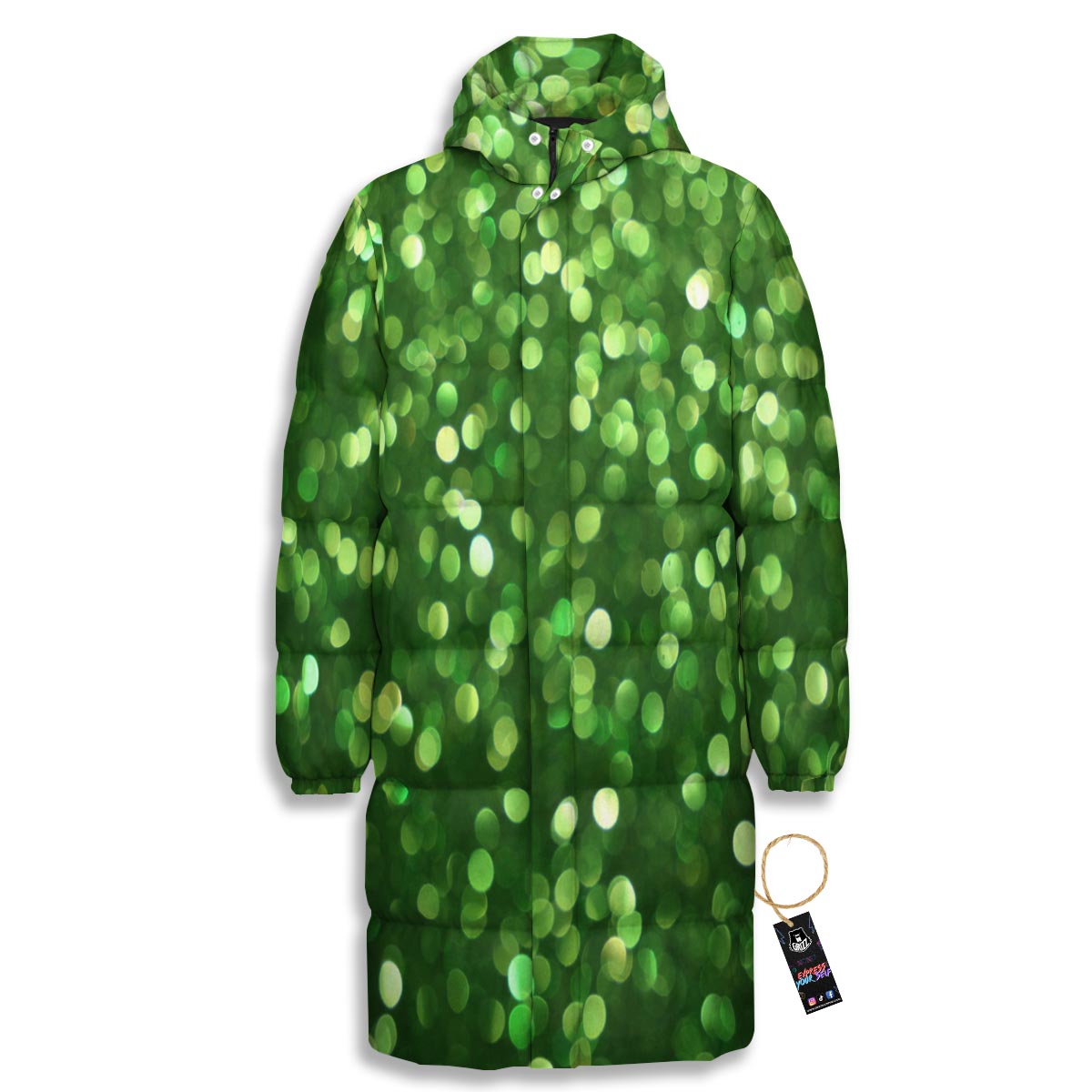 Green Glitter Artwork Shamrock Print Pattern Long Down Jacket-grizzshop