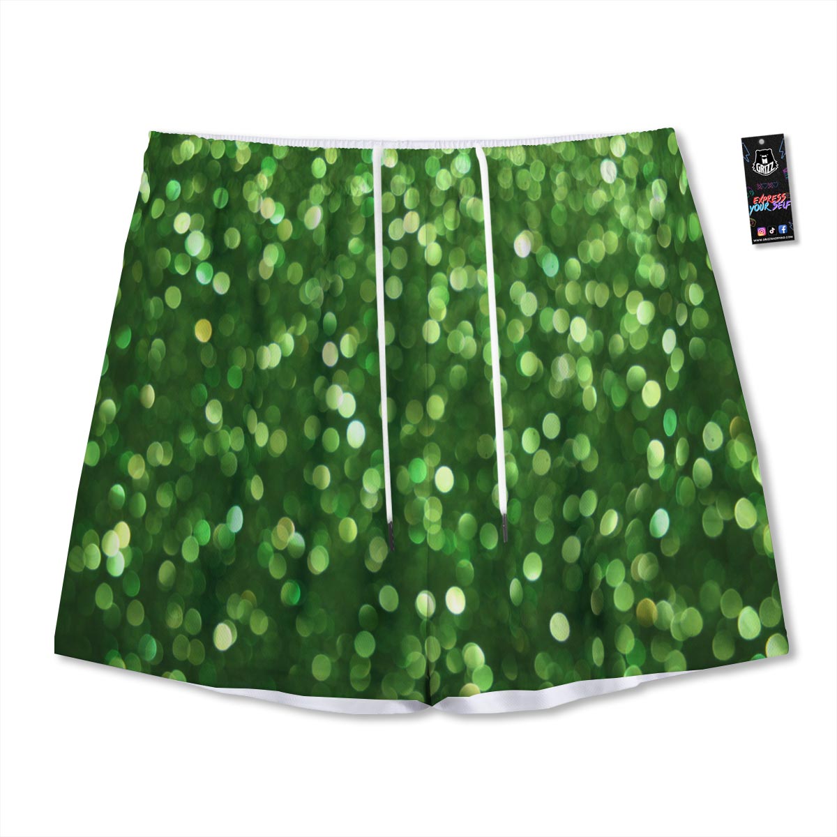Green Glitter Artwork Shamrock Print Pattern Mesh Shorts