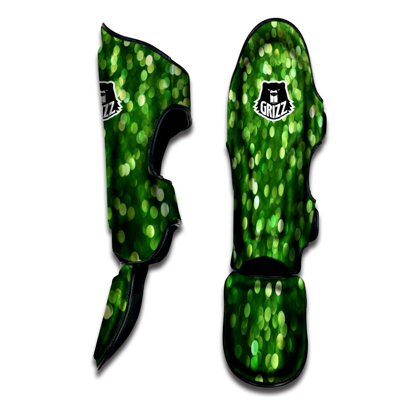 Green Glitter Artwork Shamrock Print Pattern Muay Thai Shin Guards-grizzshop