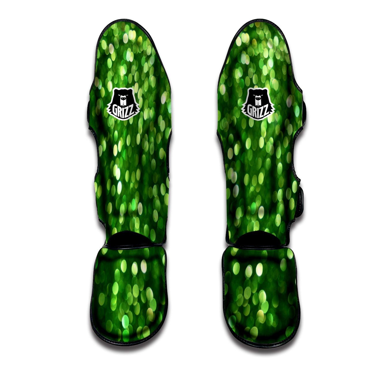 Green Glitter Artwork Shamrock Print Pattern Muay Thai Shin Guards-grizzshop