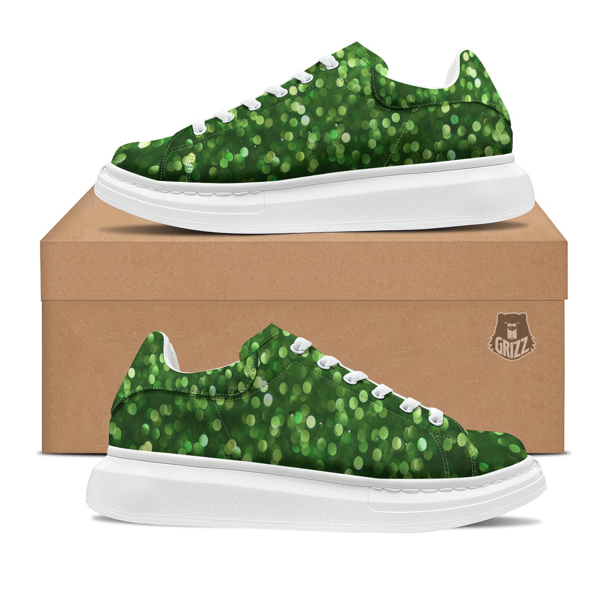 Green Glitter Artwork Shamrock Print Pattern Platform Shoes-grizzshop