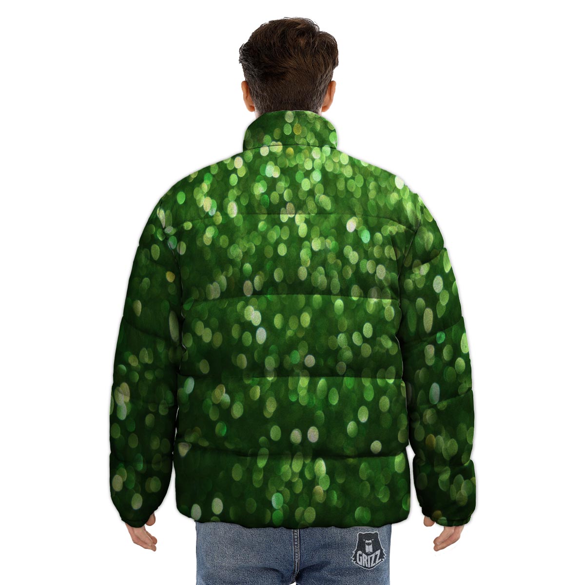 Green Glitter Artwork Shamrock Print Pattern Puffer Jacket-grizzshop