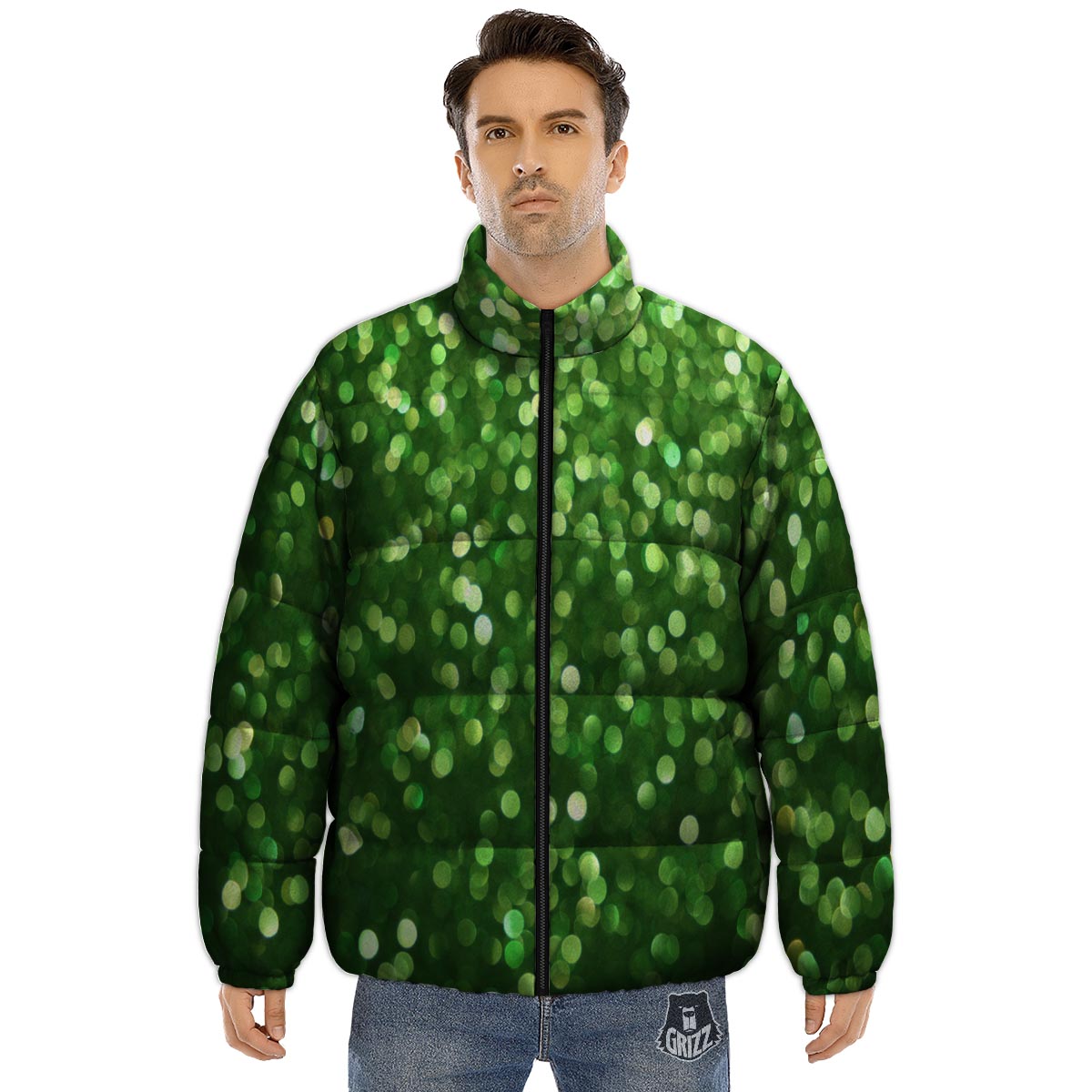 Green Glitter Artwork Shamrock Print Pattern Puffer Jacket-grizzshop