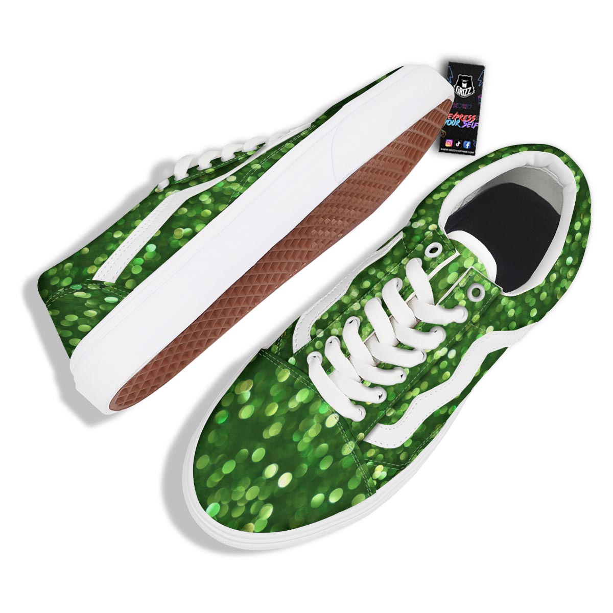 Green Glitter Artwork Shamrock Print Pattern Skate Shoes-grizzshop