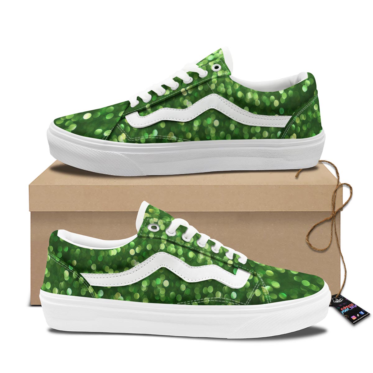 Green Glitter Artwork Shamrock Print Pattern Skate Shoes-grizzshop
