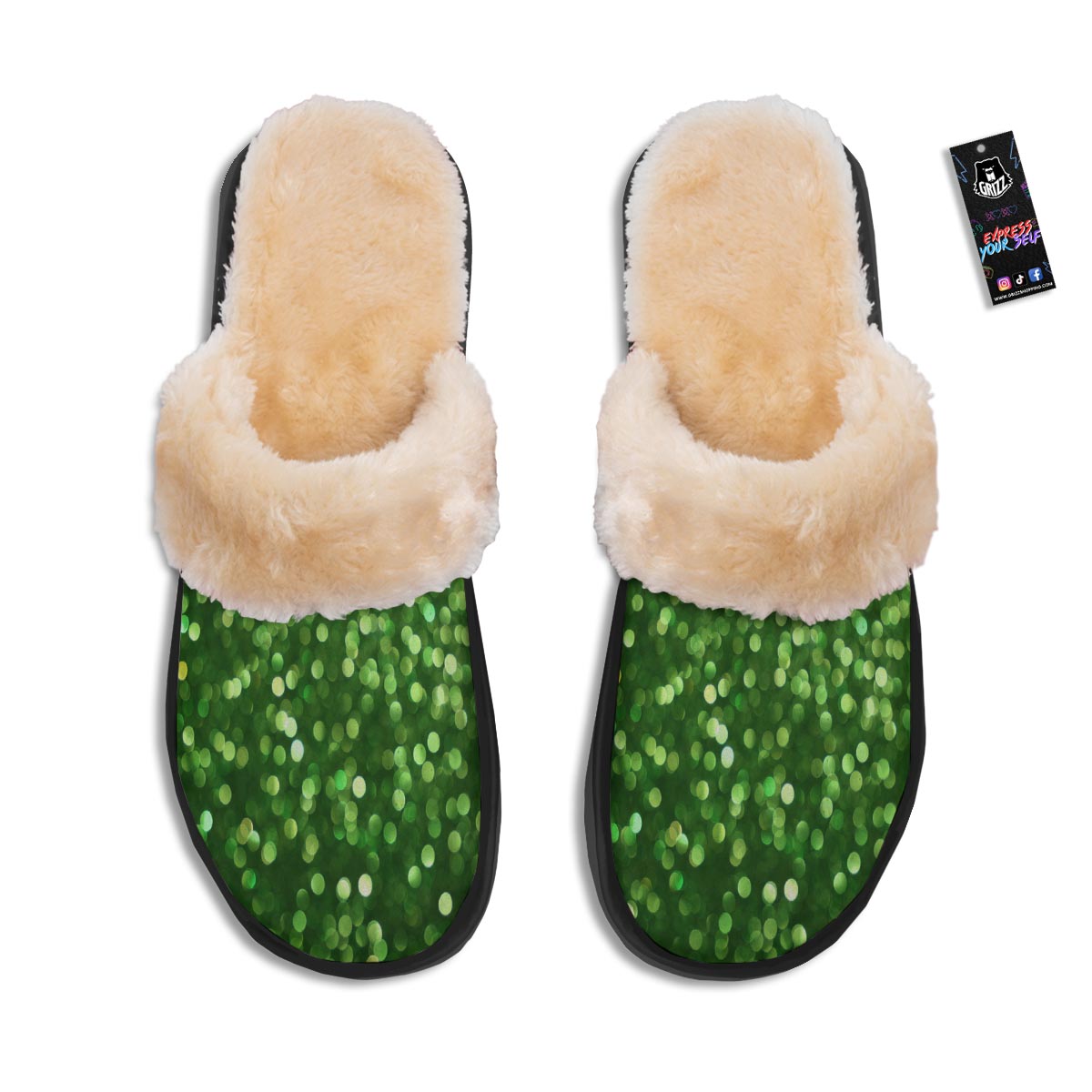 Green Glitter Artwork Shamrock Print Pattern Slippers-grizzshop
