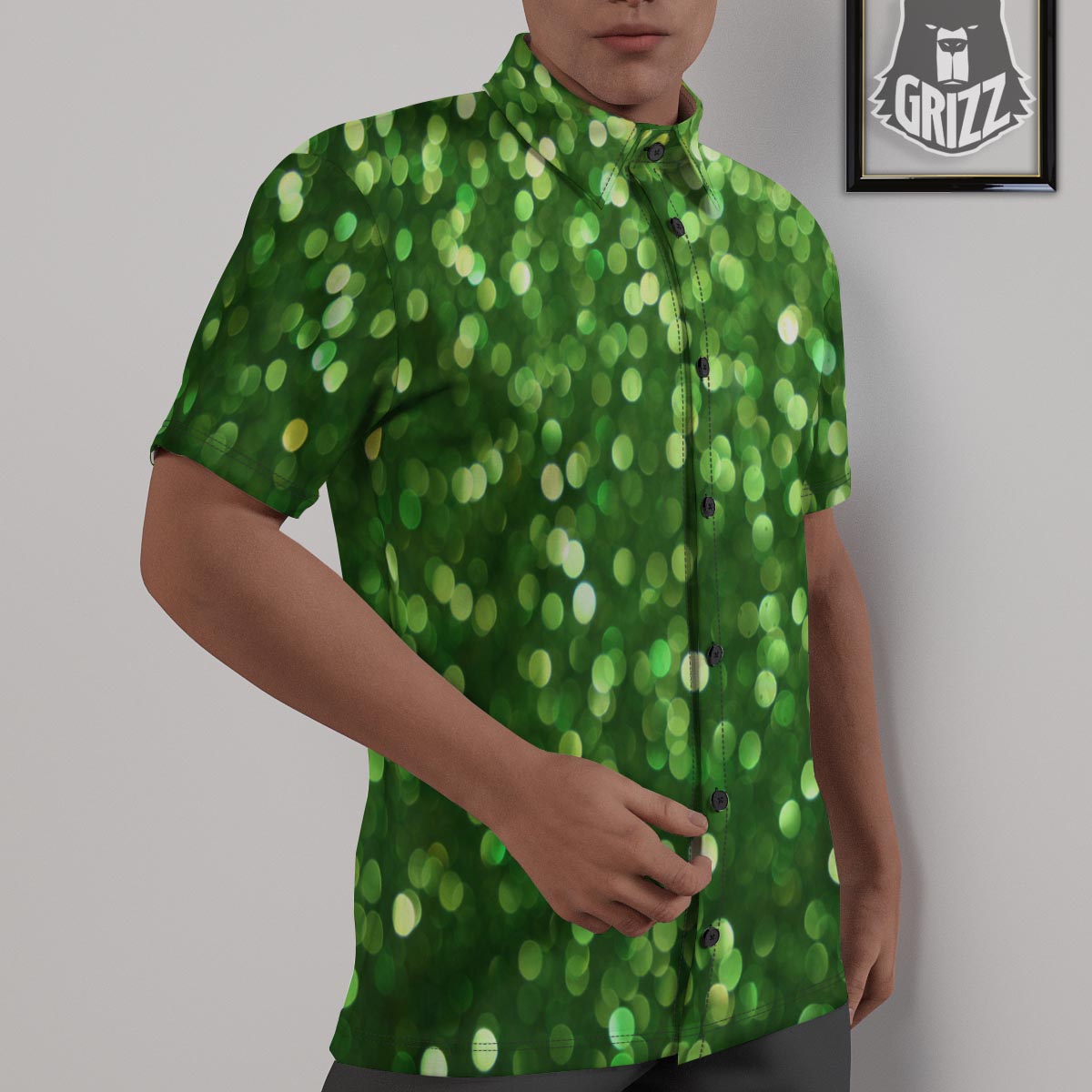 Green Glitter Artwork Shamrock Print Pattern Untucked Shirts-grizzshop