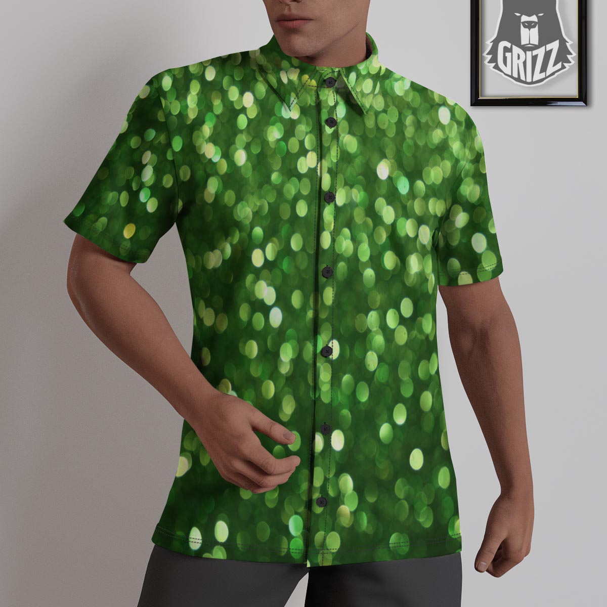 Green Glitter Artwork Shamrock Print Pattern Untucked Shirts-grizzshop