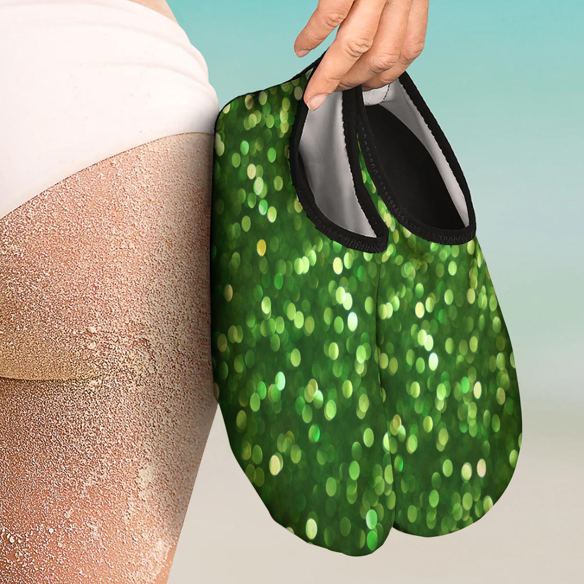 Green Glitter Artwork Shamrock Print Pattern Water Shoes-grizzshop