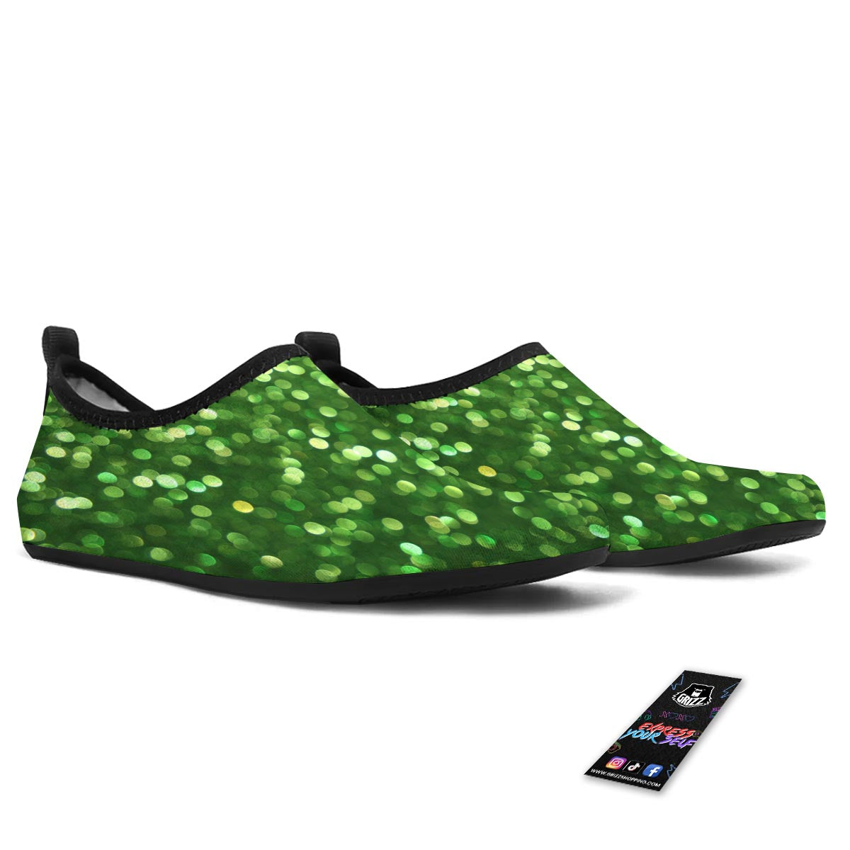 Green Glitter Artwork Shamrock Print Pattern Water Shoes-grizzshop