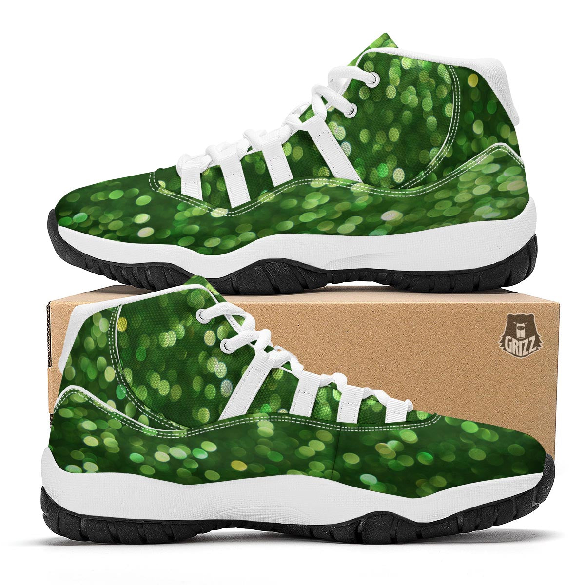 Green Glitter Artwork Shamrock Print Pattern White Bball Shoes-grizzshop