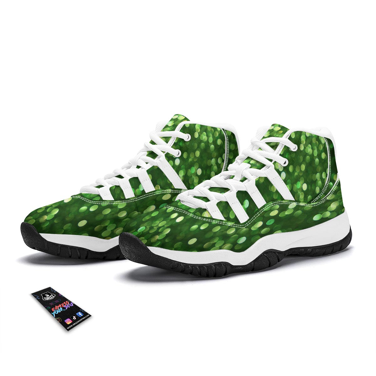 Green Glitter Artwork Shamrock Print Pattern White Bball Shoes-grizzshop