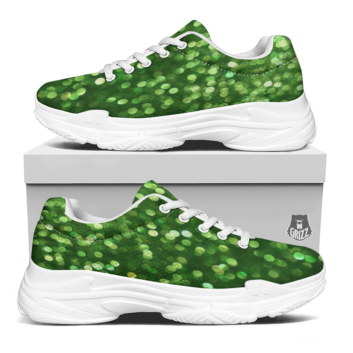 Green Glitter Artwork Shamrock Print Pattern White Chunky Shoes-grizzshop
