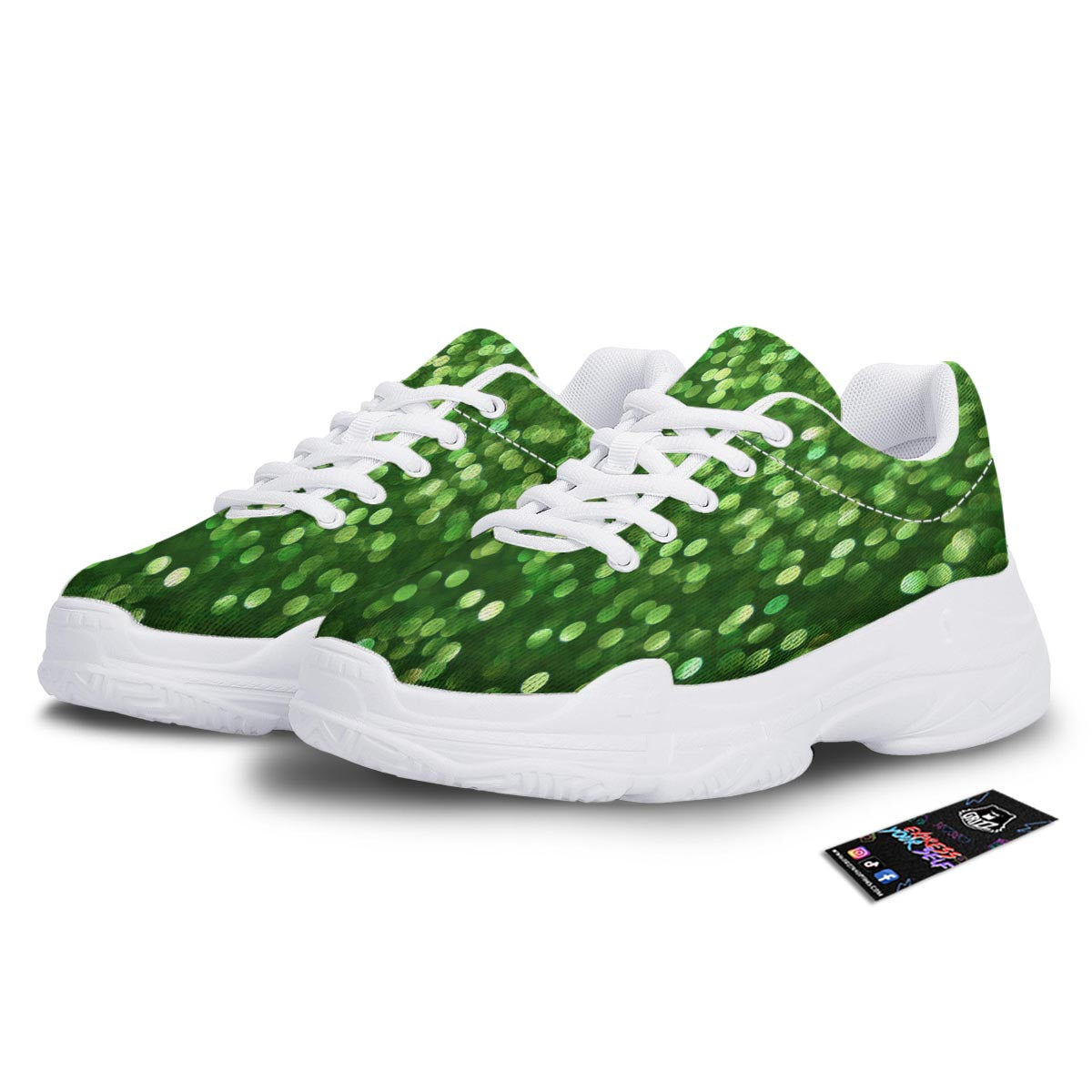 Green Glitter Artwork Shamrock Print Pattern White Chunky Shoes-grizzshop
