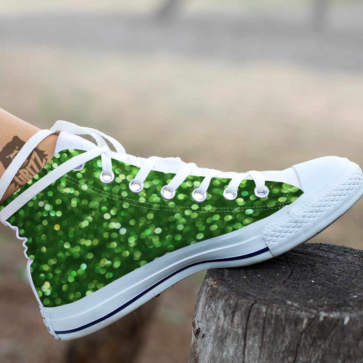 Green Glitter Artwork Shamrock Print Pattern White High Top Shoes-grizzshop