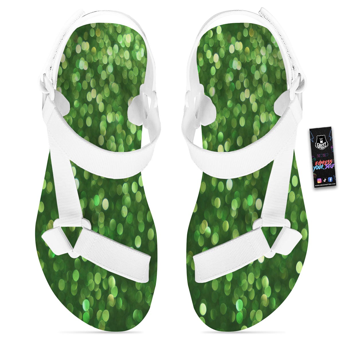 Green Glitter Artwork Shamrock Print Pattern White Open Toe Sandals-grizzshop