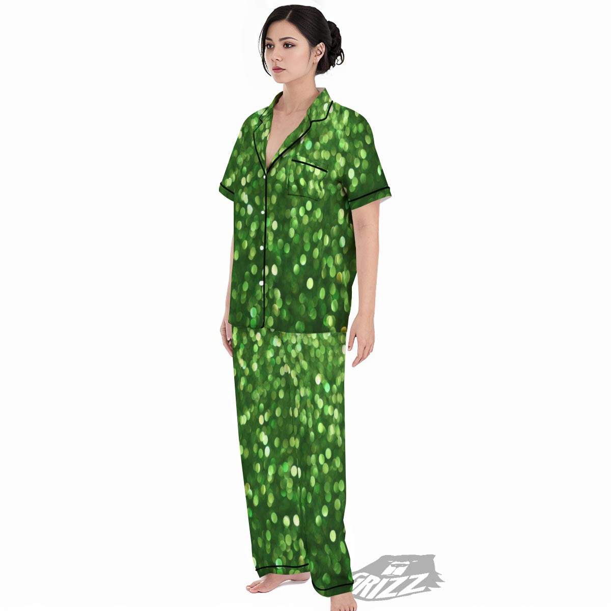 Green Glitter Artwork Shamrock Print Pattern Women's Pajamas Set-grizzshop