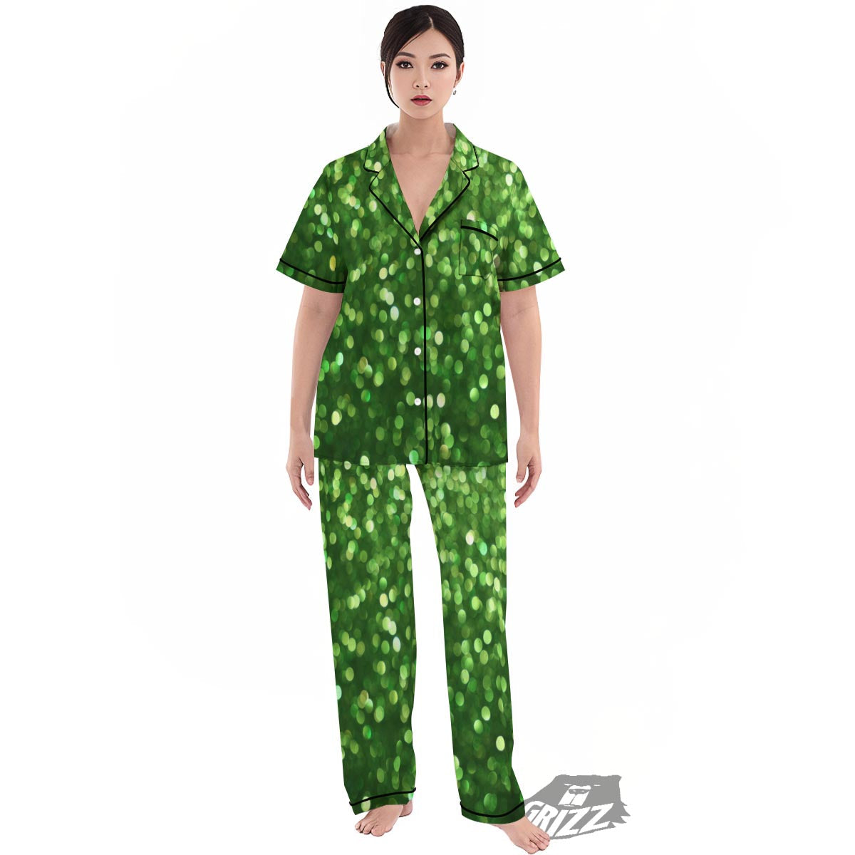 Green Glitter Artwork Shamrock Print Pattern Women's Pajamas Set-grizzshop
