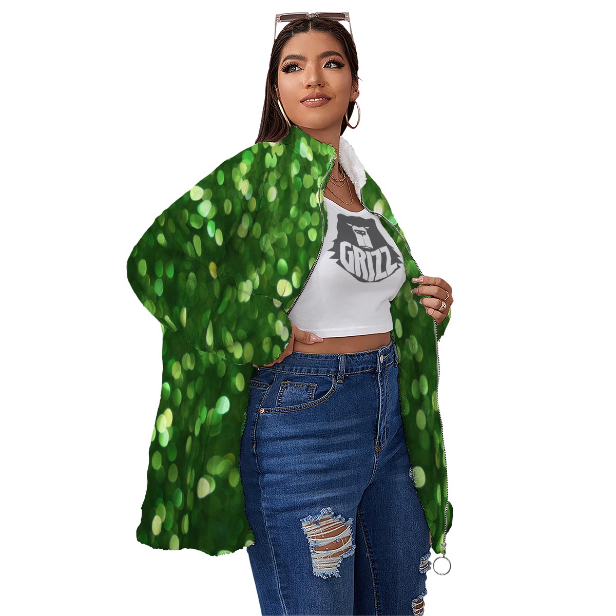 Green Glitter Artwork Shamrock Print Pattern Women's Sherpa Jacket-grizzshop