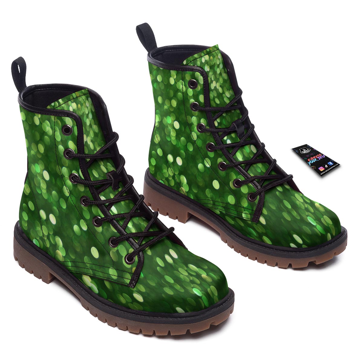 Green Glitter Artwork Shamrock Print Pattern Work Boots-grizzshop