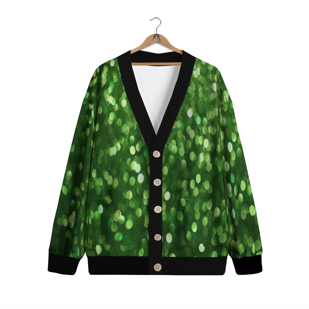 Green Glitter Texture Shamrock Print Pattern Cardigan-grizzshop