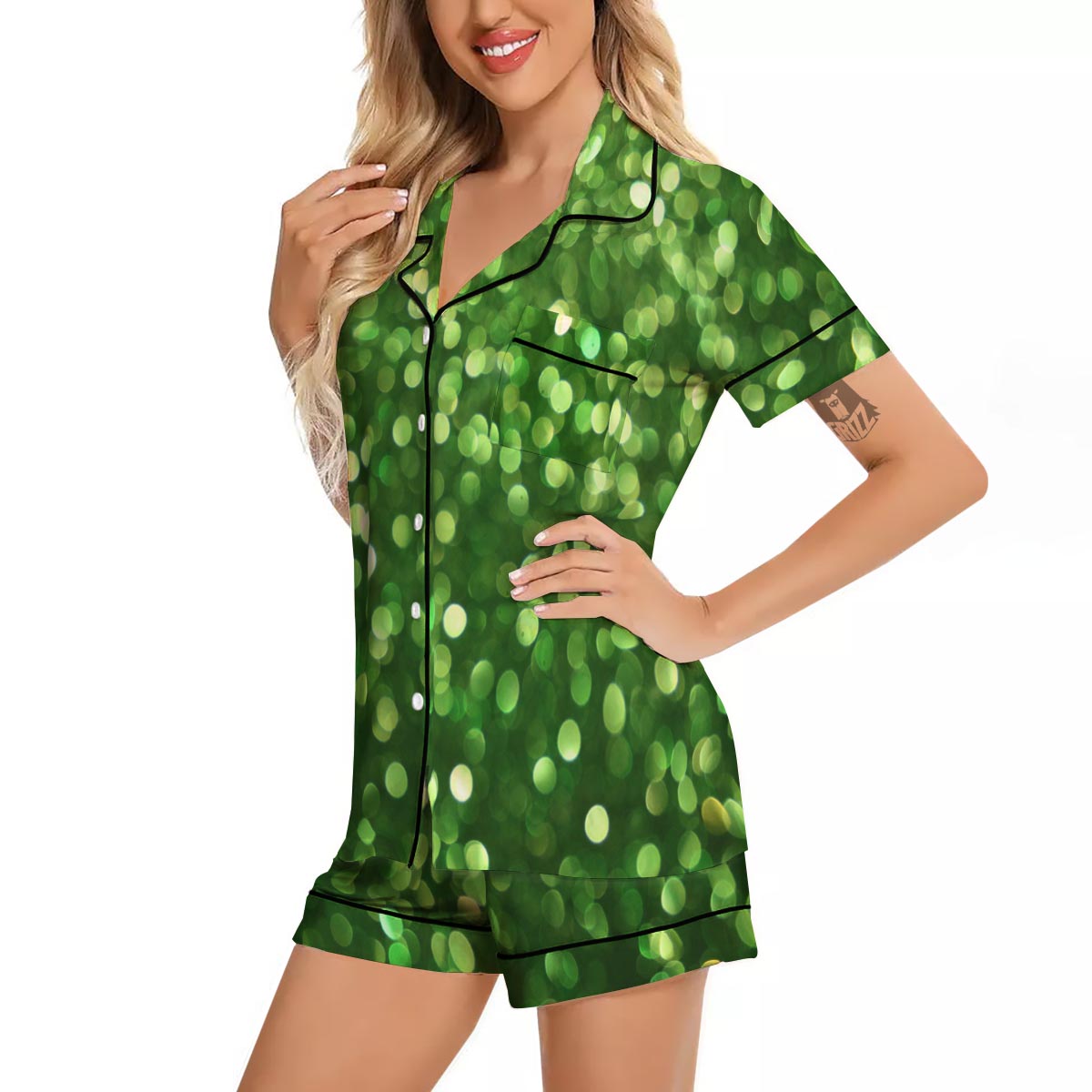 Green Glitter Texture Shamrock Print Pattern Women Silk Pajamas-grizzshop