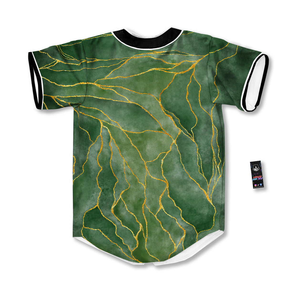 Green Golden Cracked Marble Print Baseball Jersey-grizzshop