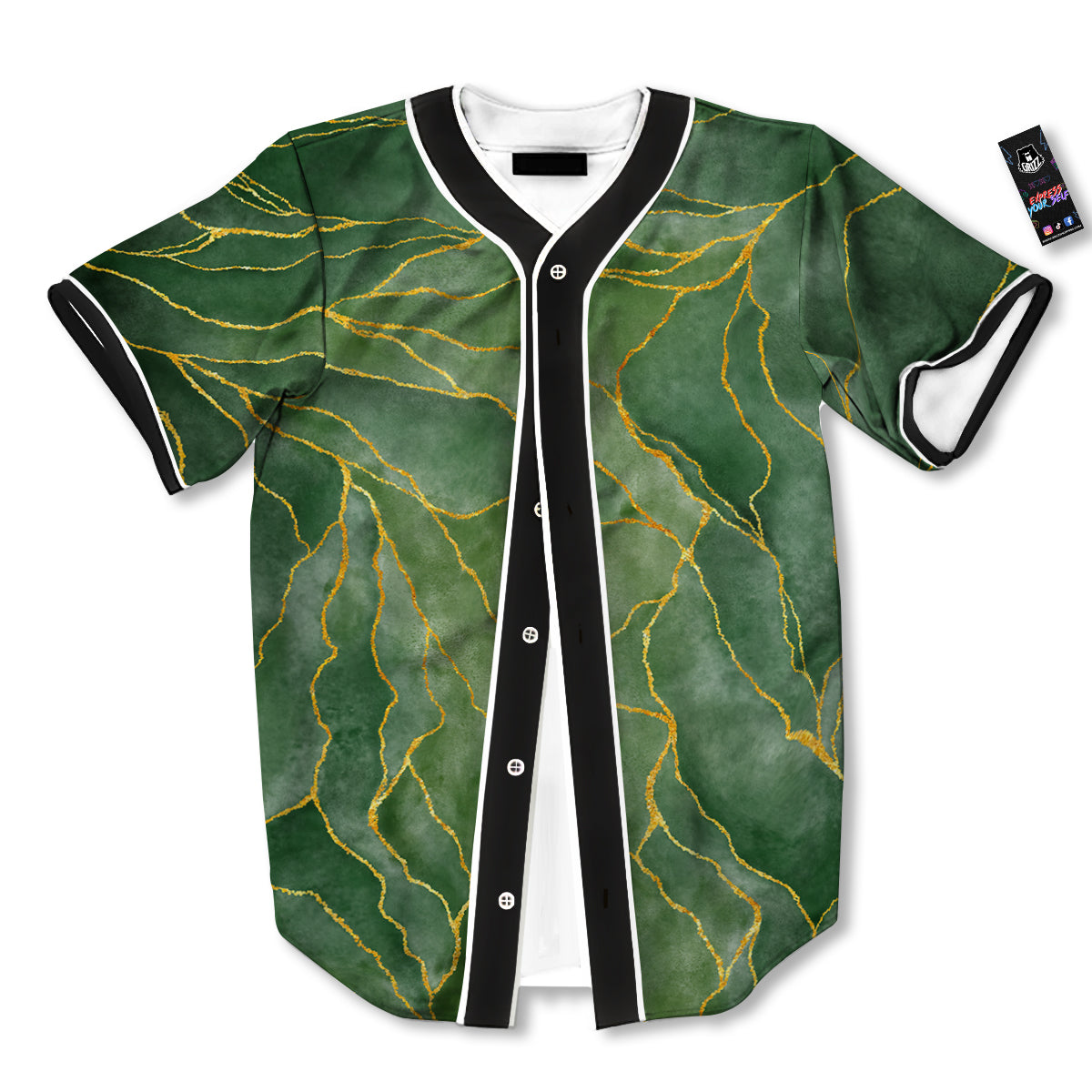Green Golden Cracked Marble Print Baseball Jersey-grizzshop
