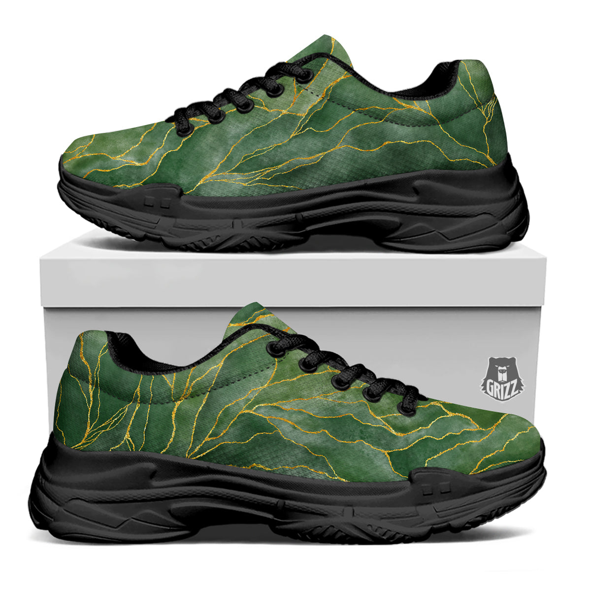 Green Golden Cracked Marble Print Black Chunky Shoes-grizzshop