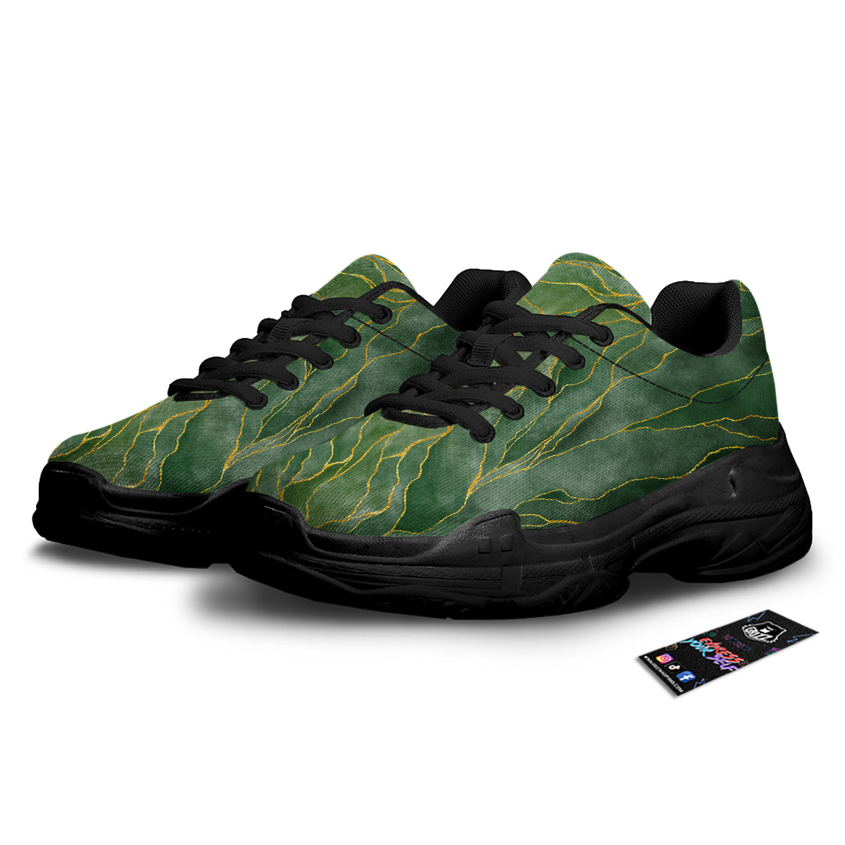 Green Golden Cracked Marble Print Black Chunky Shoes-grizzshop