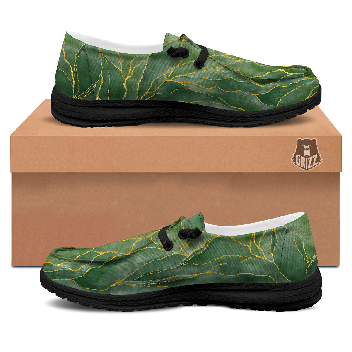 Green Golden Cracked Marble Print Black Loafers-grizzshop