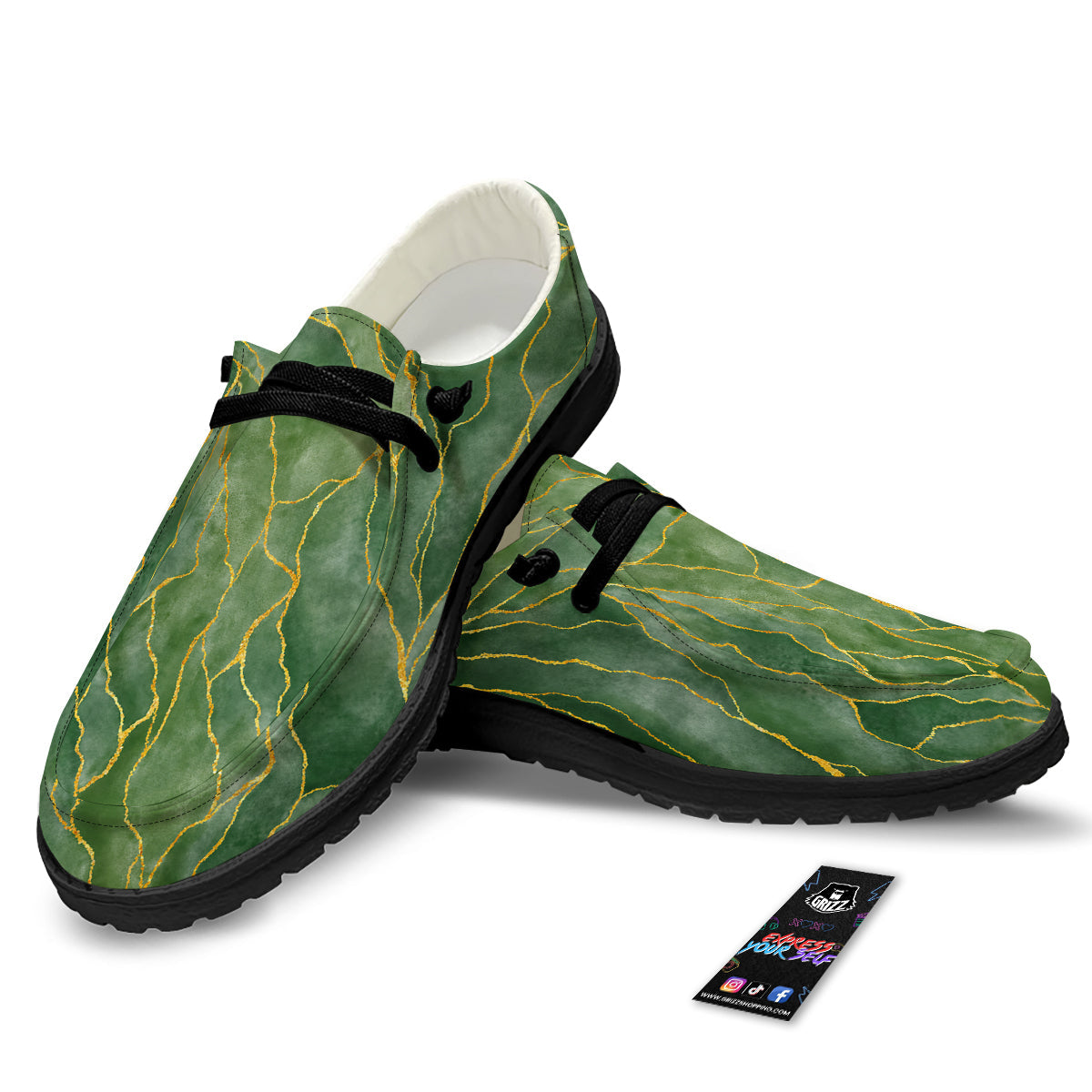 Green Golden Cracked Marble Print Black Loafers-grizzshop