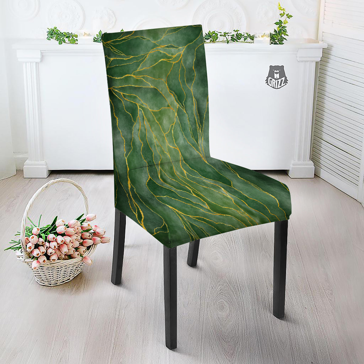 Green Golden Cracked Marble Print Dining Chair Slipcover-grizzshop